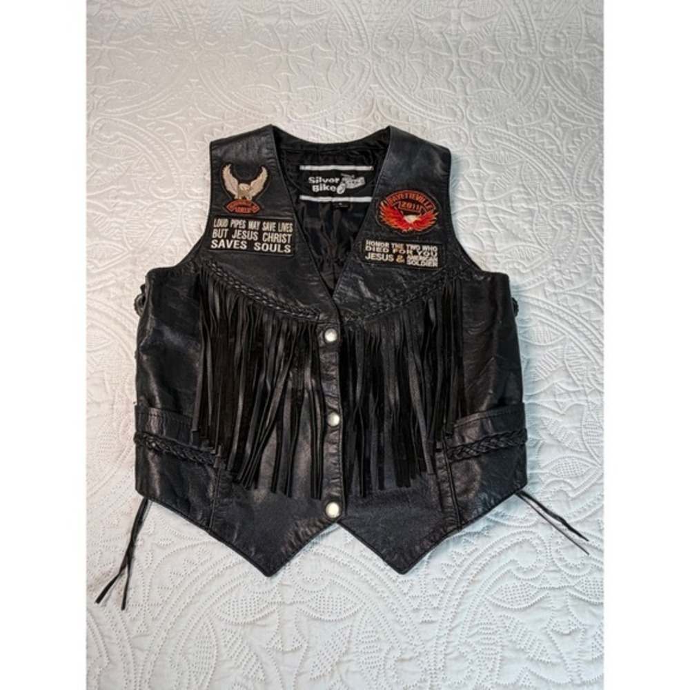 Silver Bike Mens Black Leather Fringe Motorcycle Vest Patches Small Fayetteville